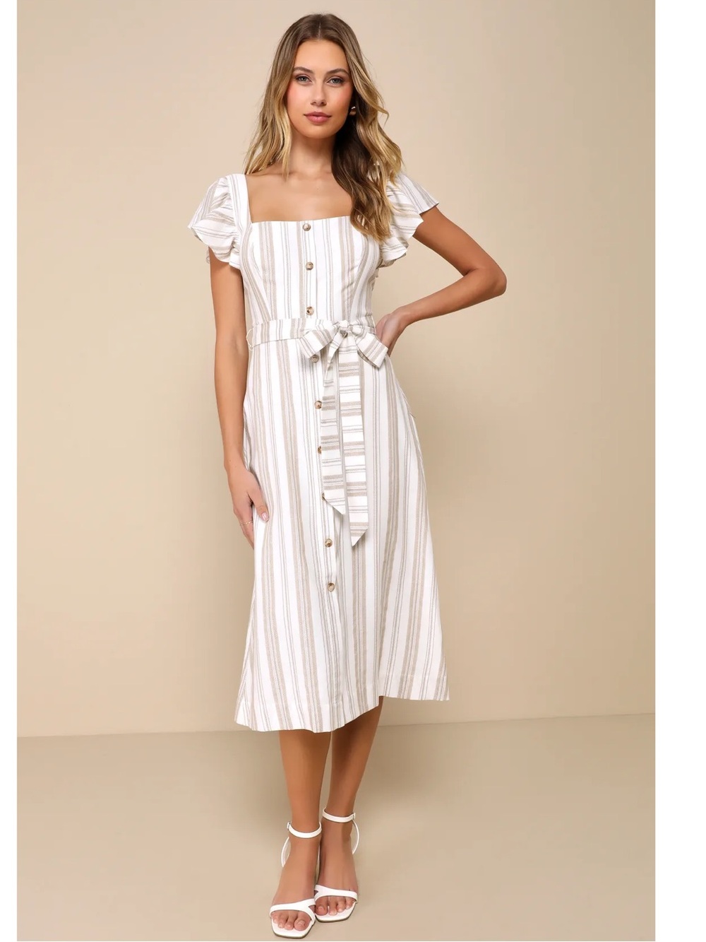 Lulus Mediterranean Moves White/Tan Striped Flutter Sleeve Midi Dress vacation